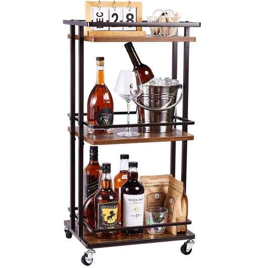 3-Tier Bar Cart, Serving Bar Cart For Home With Large Storage Space, Made Of Wood And Metal With Wheels,Multifunctional Cart Suitable For