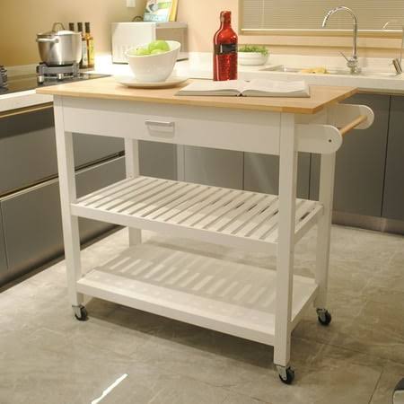 Wooden Kitchen Island Cart, Kitchen Storage Carts Table With 2 Shelfs And 1 Big Drawer Lockable Wheels, White, Size: 40