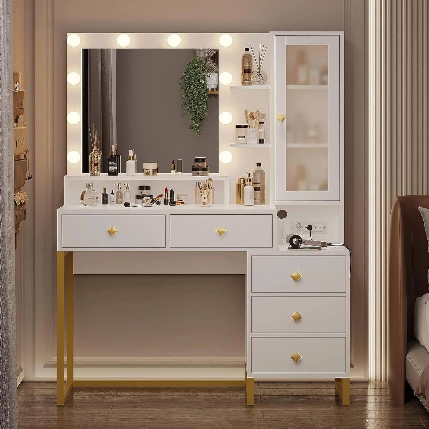 Vanity Table With Lighted Mirror And Charging Station Makeup Table Vanity Dresser With 10 Led Light 5 Drawers White(White)