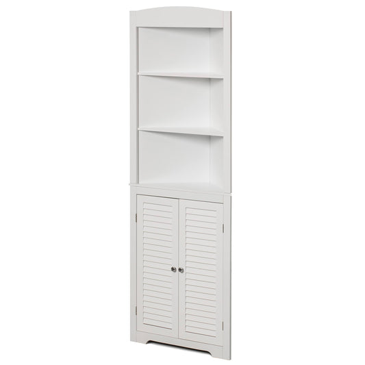 White Standing Storage Corner Cabinet Organizer With 3 Open Shelf And Double Shutter Doors