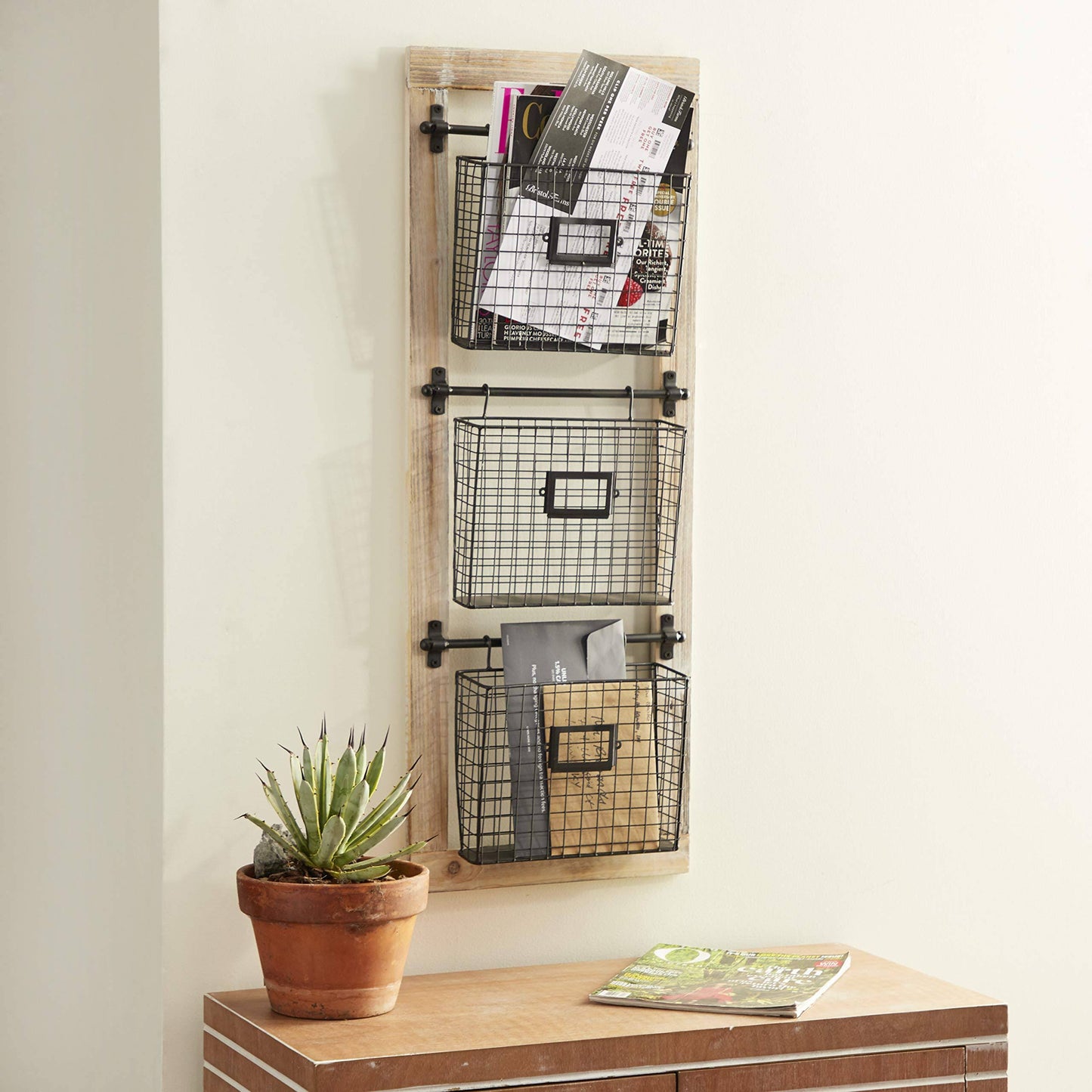 3-Tier Industrial Wood And Iron Basket Wall Rack With Label Slot, Brown/Black