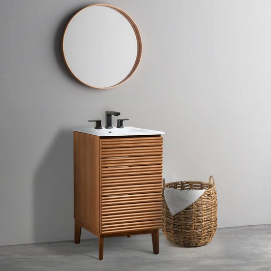 Y Van1004b Calandre 20 In. W X 18 In. D X 33 In. H Thin Linear Slat Modern 2-Shelf Bath Vanity Cabinet Only (Sink Basin Not Included),Walnut