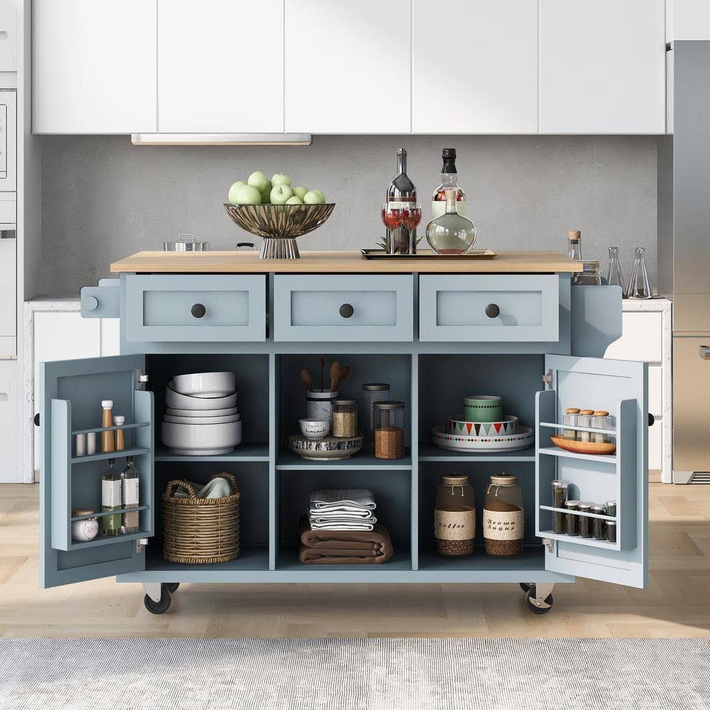 Wood 53.1 In. Kitchen Island On 5-Wheels With Storage Cabinet And 3-Drawers For Dinning Room