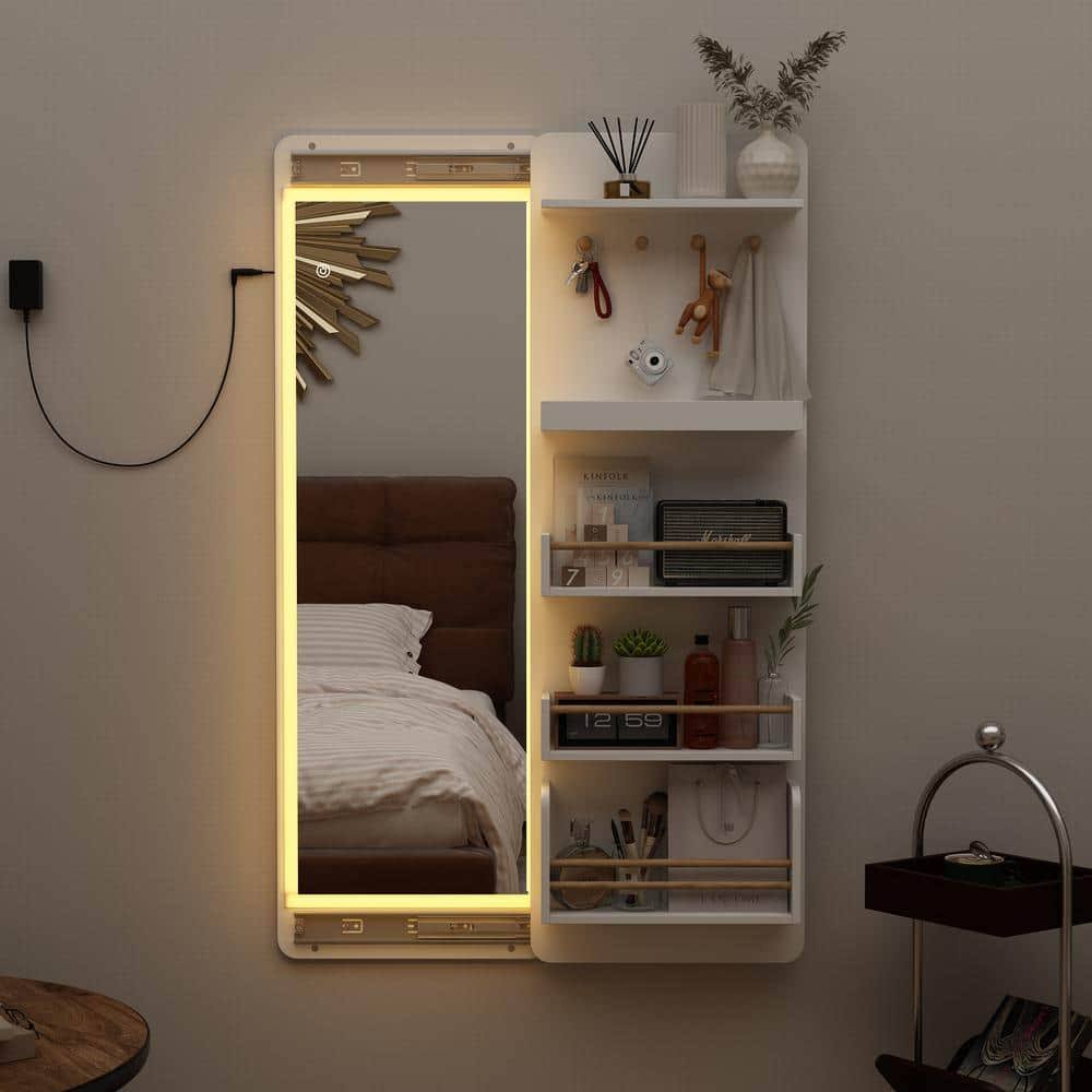 Wood 30.5 In. Width Jewelry Armoire With Dimming Led Lighted Sliding Mirror Shelves Hooks Wall Mounted