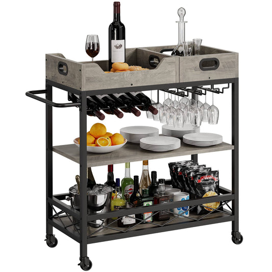 3 Tier The Home Grey Bar Cart With Wheels, Two Portable Trays, Wine Rack, Glasses Holder, Industrial Serving Cart For Kichen, Living Room