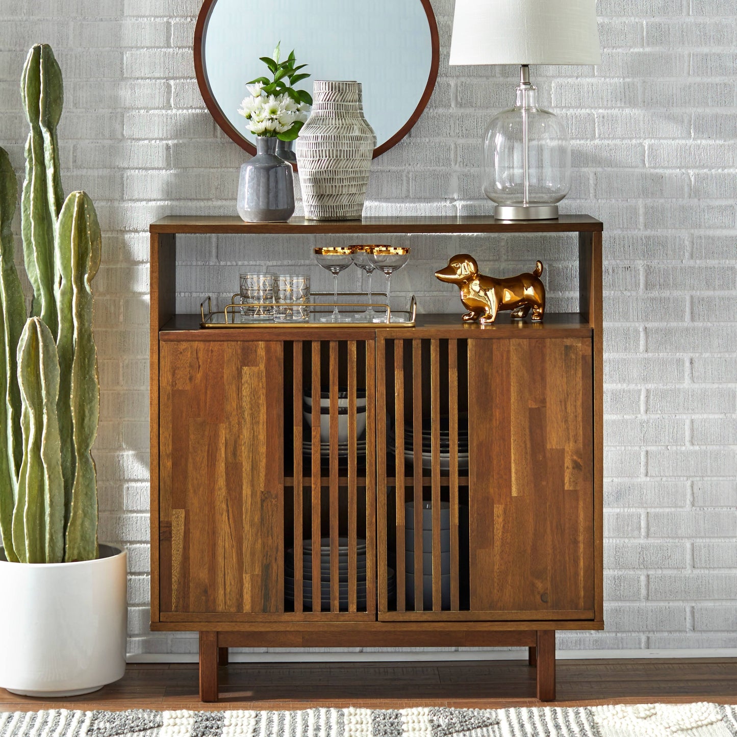 Vohl Slatted Pecan Finished Mid-Century Sideboard