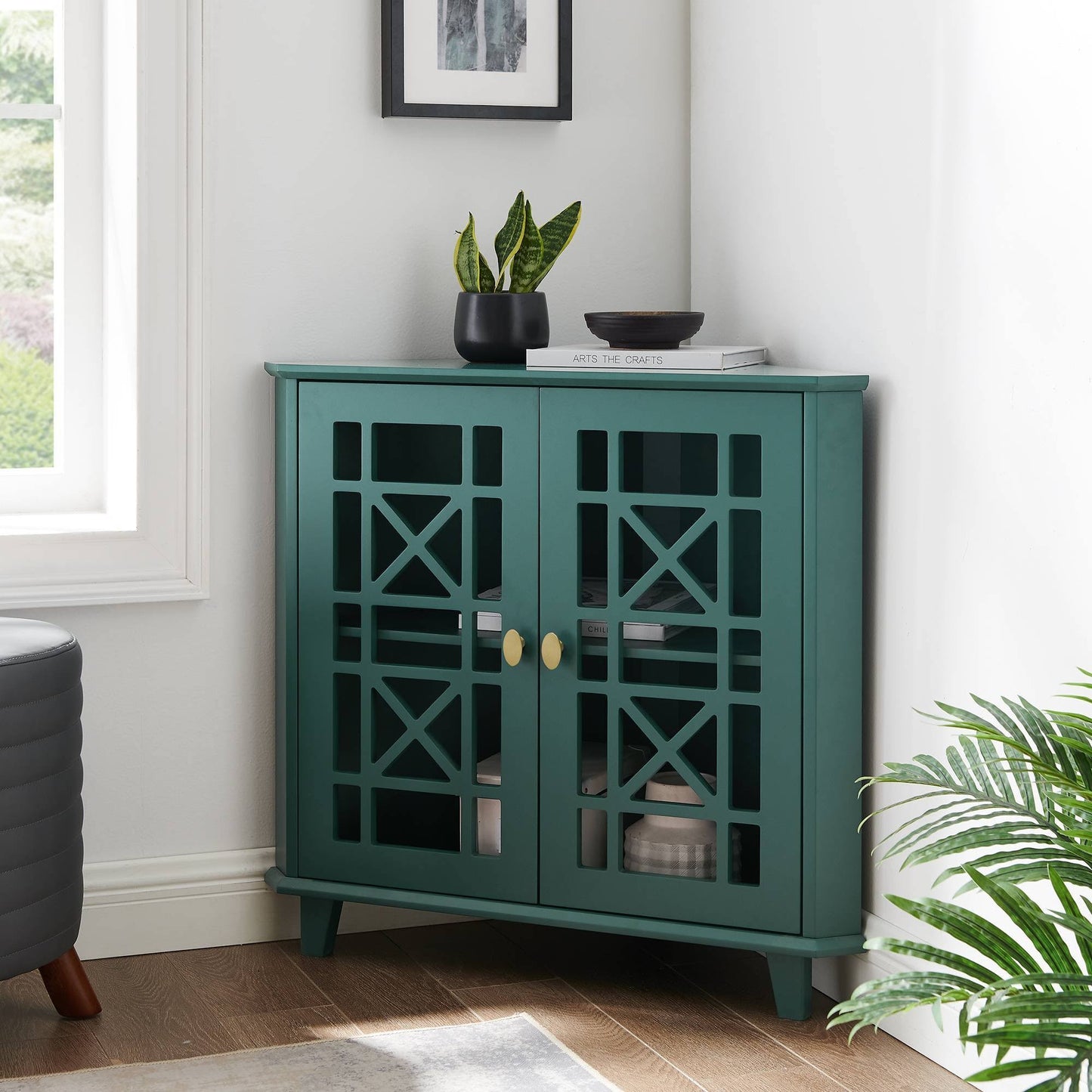 2 Door Corner Accent Cabinet With Fretwork Doors Black - Saracina Home