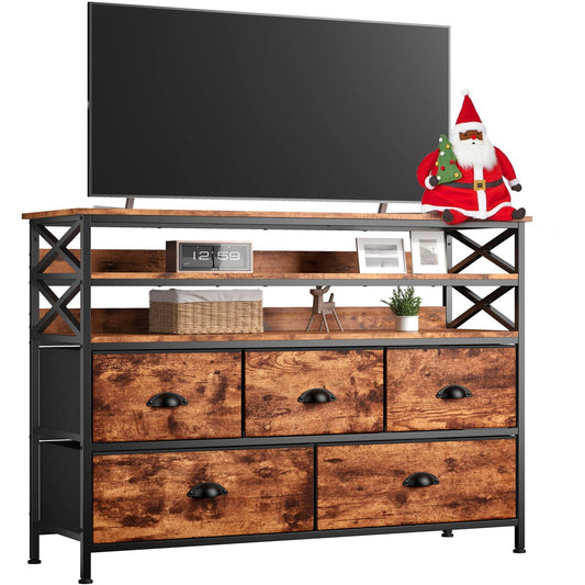 Wide Dresser Tv Stand For Bedroom 5 Drawer Dresser For Bedroom With Wood Shelves Entertainment Center With Fabric Drawers Tv Dresser For