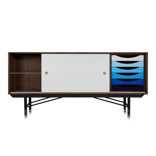 1955 Color Theory Mid-Century Modern Sideboard Credenza, Walnut/Blue Drawers