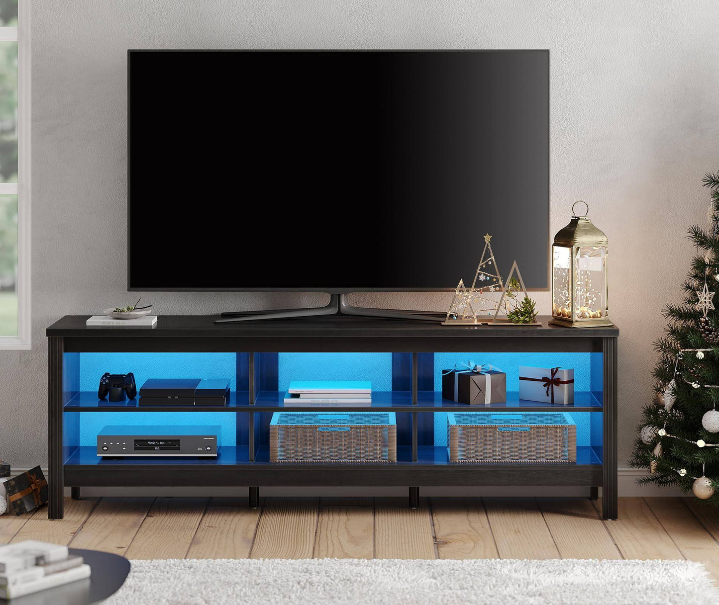 Tv Stand For 75 Inch Tv Entertainment Center Black Tv Console Table With 6 Storages For Living Room Bedroom, 70 Inch