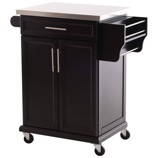 Wood Stainless Steel Multi- Storage Rolling Kitchen Island Utility Cart With Wheels - Black