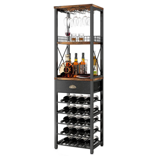 Wine Rack Freestanding Floor, Bar Cabinet For Liquor And Glasses, 4-Tier Bar Cabinet With Tabletop, Glass Holder, Storage Drawer And Wine