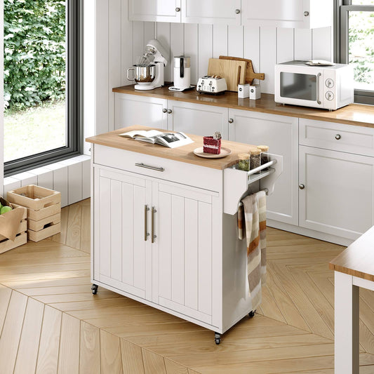 White Mdf Base With Composite Wood Top Rolling Kitchen Island (18-In X 35.1-In X 35.2-In) | Cb-03