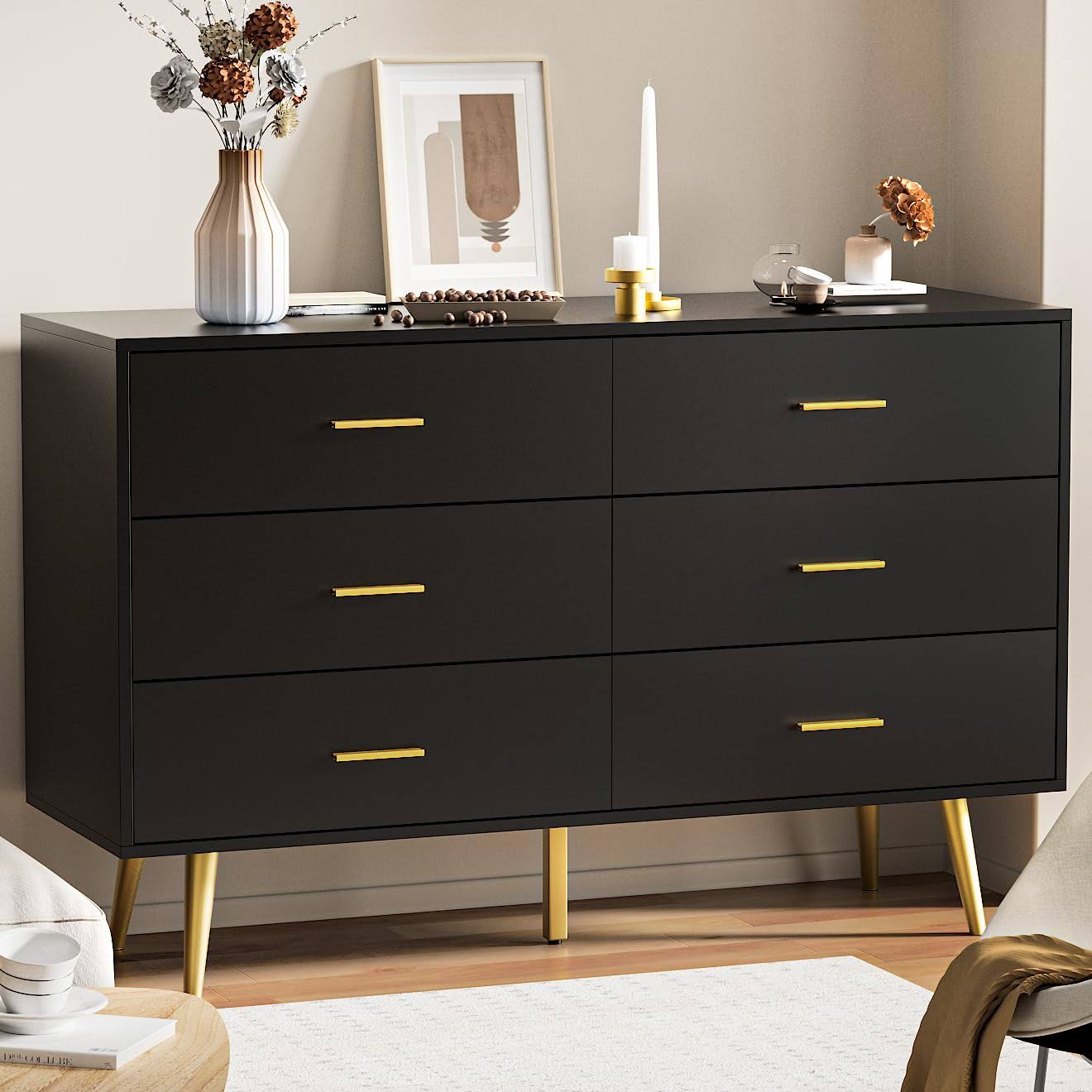 White Dresser For Bedroom, Modern 6 Drawer Dresser With Gold Handles, Wood Chest Of Drawers For Kids Bedroom, Living Room