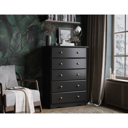 100% Solid Wood 5-Drawer Chest With Metal Or Wooden Knobs - Black