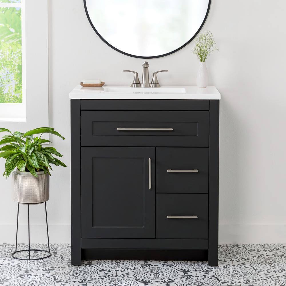 31 In. W X 19 In. D X 35 In. H Bath Vanity In Matte Black With White Cultured Marble Vanity Top