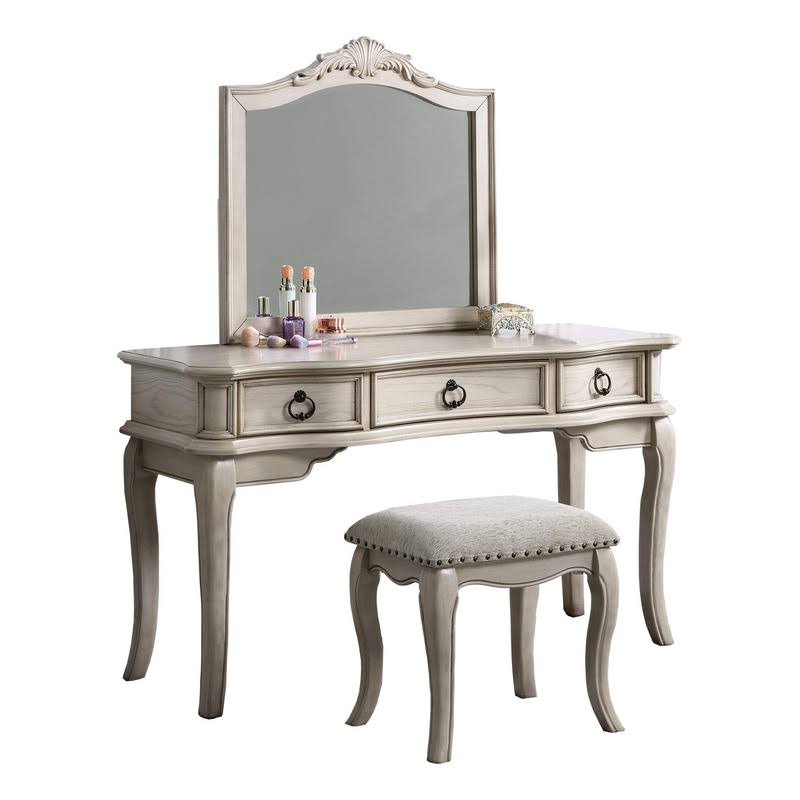 Wood Vanity Set With Stool And Mirror In Antique Oak