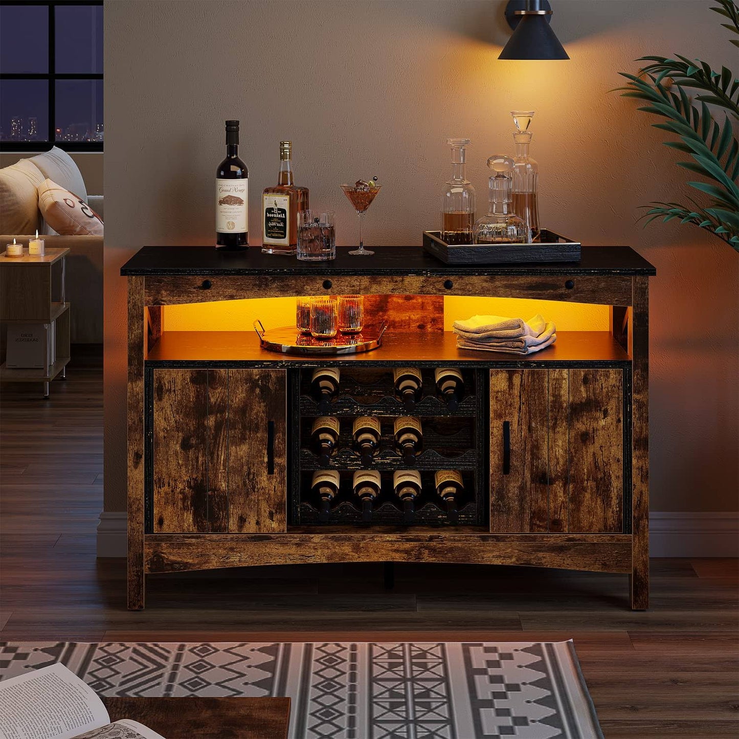 Wine Bar Cabinet With Detachable Wine Rack Insert, Farmhouse Coffee Bar Sideboard With Led Lights,Wood Entryway Console With Barn Door