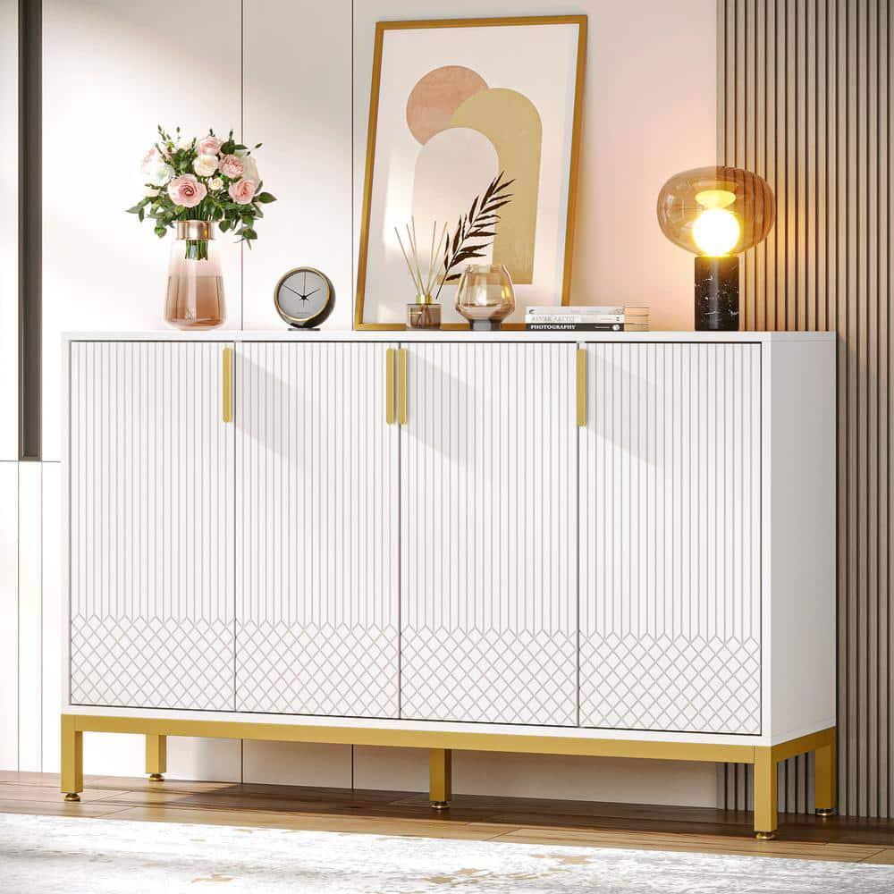 White Wood 59 In. Sideboard Buffet With 4 Doors, Accent Storage Cabinet For Home Kitchen Dining Room