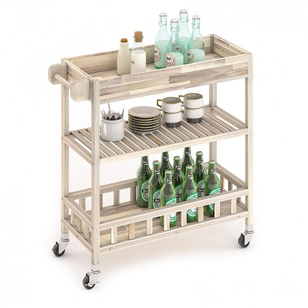 3-Tier Solid Acacia Bar Cart Interbuild Frame Color: Organic White, Top Color: Organic White