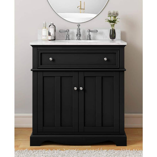 32 In W X 22 In D X 34 In H Single Sink Bath Vanity In Black With Engineered White Marble Top