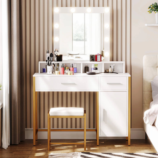 Vanity Table Set With Lighted Mirror Makeup Vanity Desk With Storage Cabinet And Drawers Cushioned Stool Adjustable Brightness White Rszt201w(