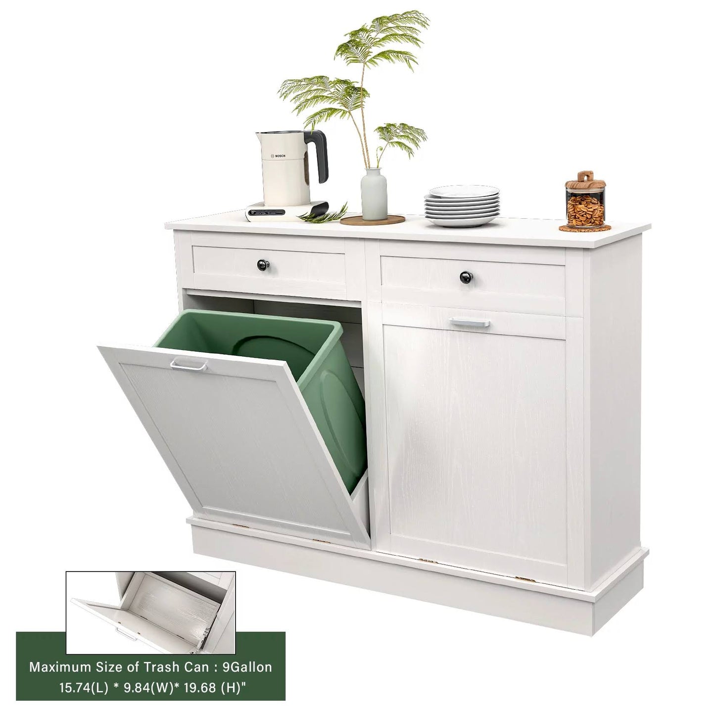 Tilt Out Trash Cabinet, Double Trash Can With Drawer And Countertop, Free Standing Trash Can Cabinets With Lid Support Hinge, Recycling