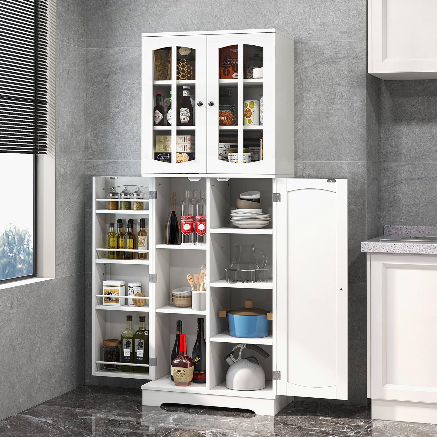 Wood Kitchen Pantry Storage Cabinet With Doors And Shelves, Saving Space, Large, White