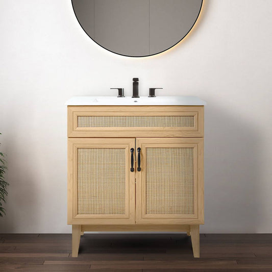 Y Van1010a Javer 30 In. W X 18 In. D X 33 In. H Rattan Modern Farmhouse 2-Shelf Bath Vanity Cabinet Only (Sink Basin Not Included), Oak