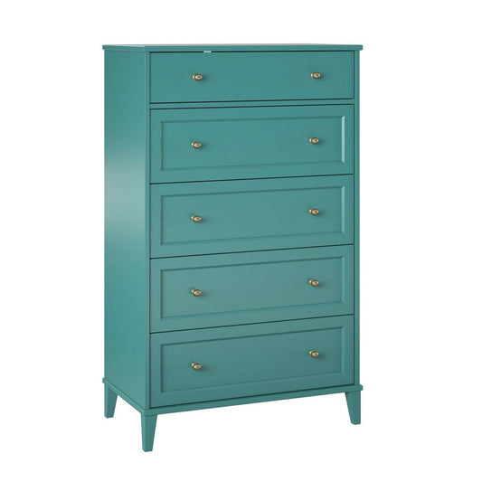 Tall 5 Drawer Dresser With Gold Accents, Emerald Green