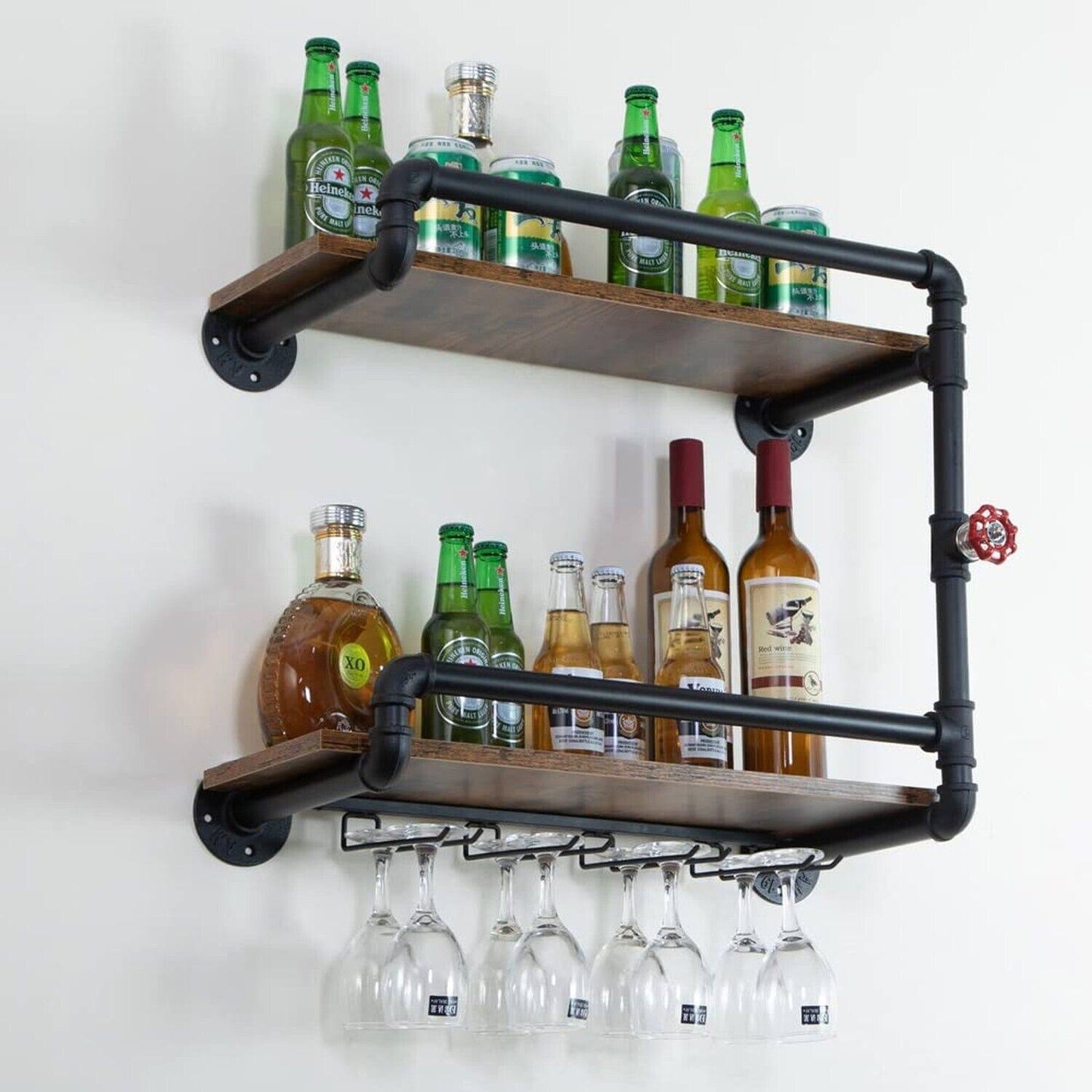 Wine Rack Wall Mounted 2 Tier, Hanging Floating Small Mini Bar Liquor Shelves With Glass Holder Storage Under, Industrial Rustic Pipe