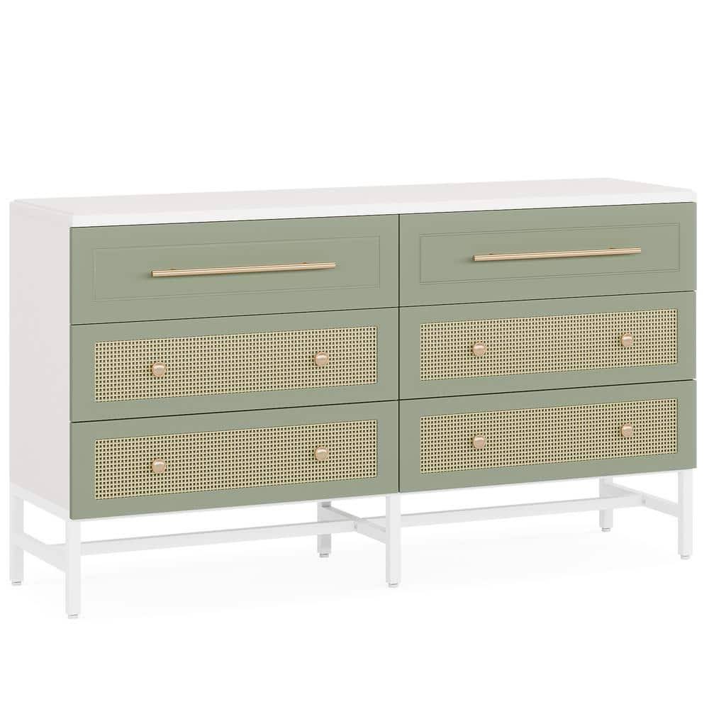 32 In. H X 56 In. W X 15 In. D White Rooney 6-Drawer 56 In. W Dresser Modern Rattan Dresser For Bedroom Green