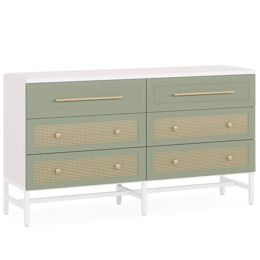 32 In. H X 56 In. W X 15 In. D White Rooney 6-Drawer 56 In. W Dresser Modern Rattan Dresser For Bedroom Green