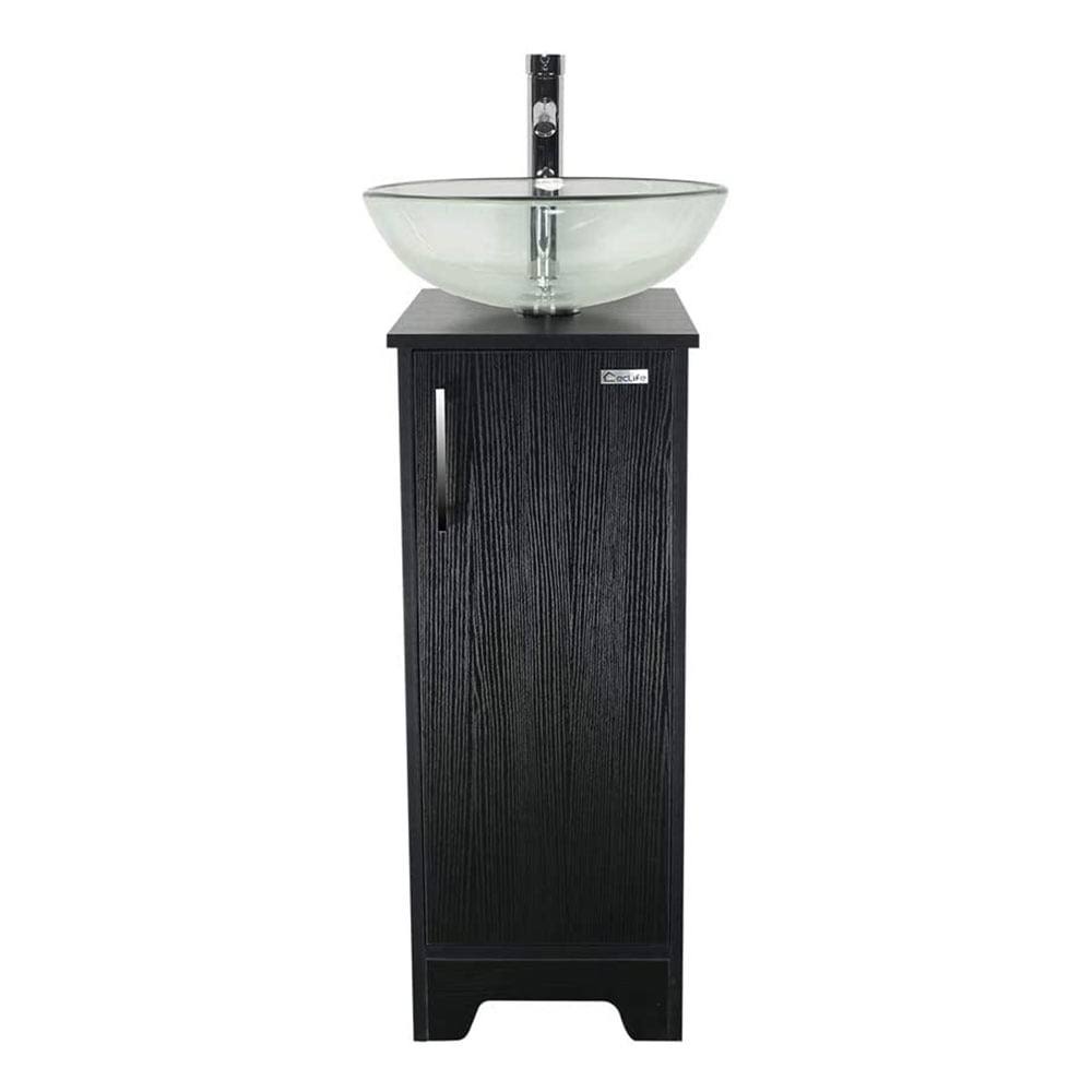 13 Small Bathroom Vanity Set Black W/ Tempered Glass Ceramics Vessel Sink Mdf Cabinet Combo - Clear Round Sink