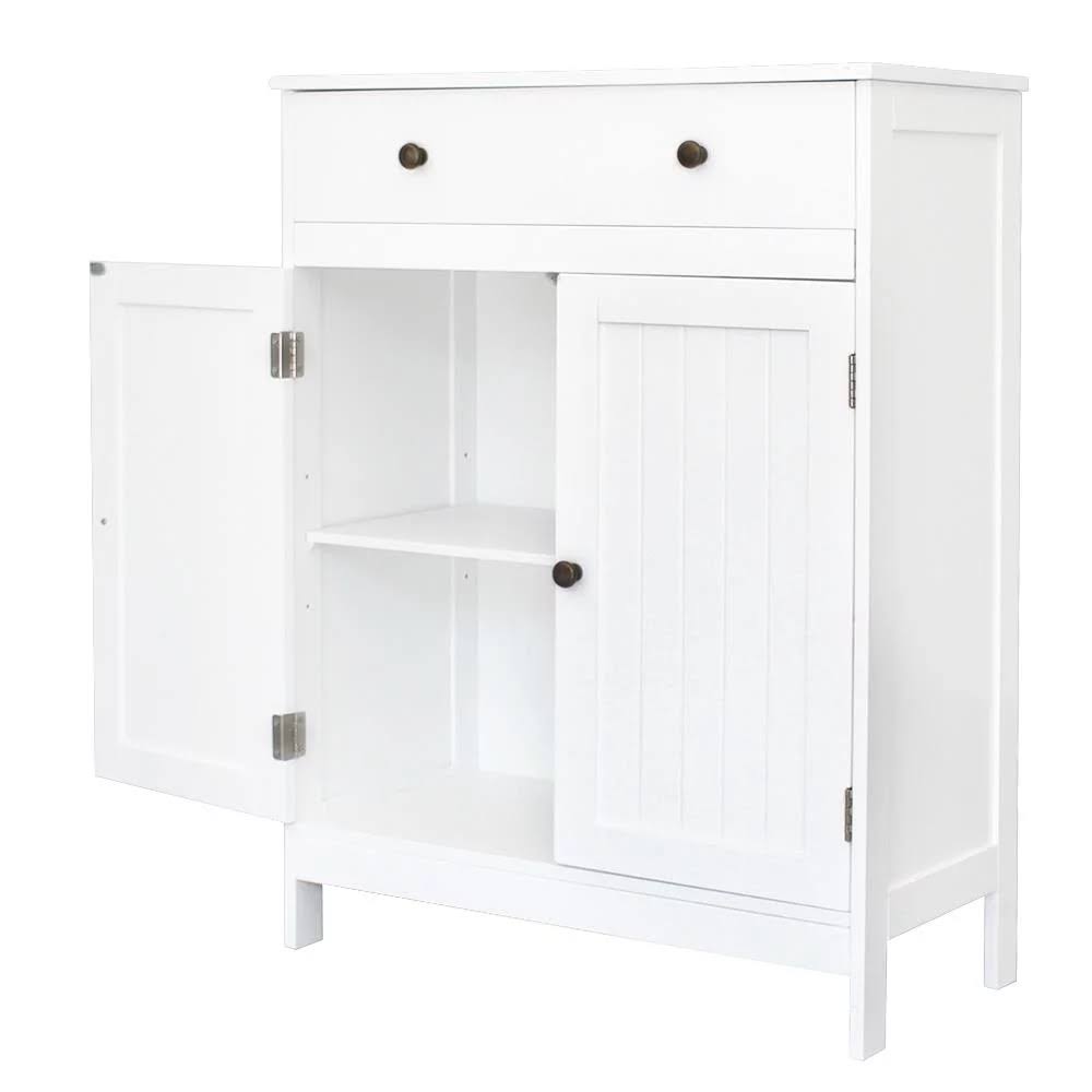 White Wooden Bathroom Cabinet Storage With Double Door 1 Drawer And 2 Shelves Free Standing(Double Door W/ Drawer)