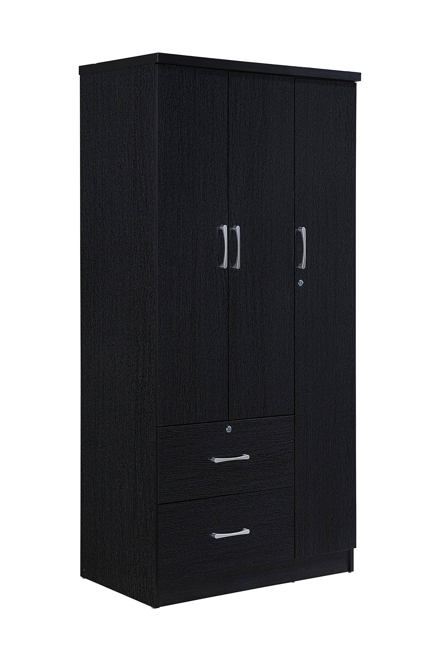 3-Door Armoire With 2-Drawers, 3-Shelves - Black