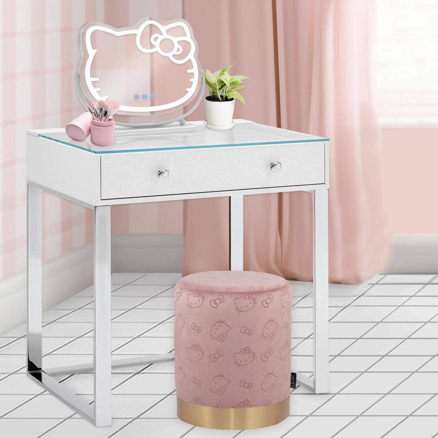 Vanity Hello Kitty Slaystation Vanity Table For Bedroom With Double Decker Drawers, Mdf Vanity Desk With Clear Glass Top For Makeup