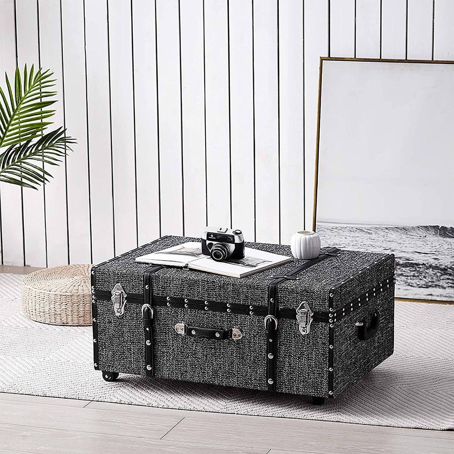 Texture Brand Trunk With Wheels, 14h X 29w X 20d, White/Threaded Silver