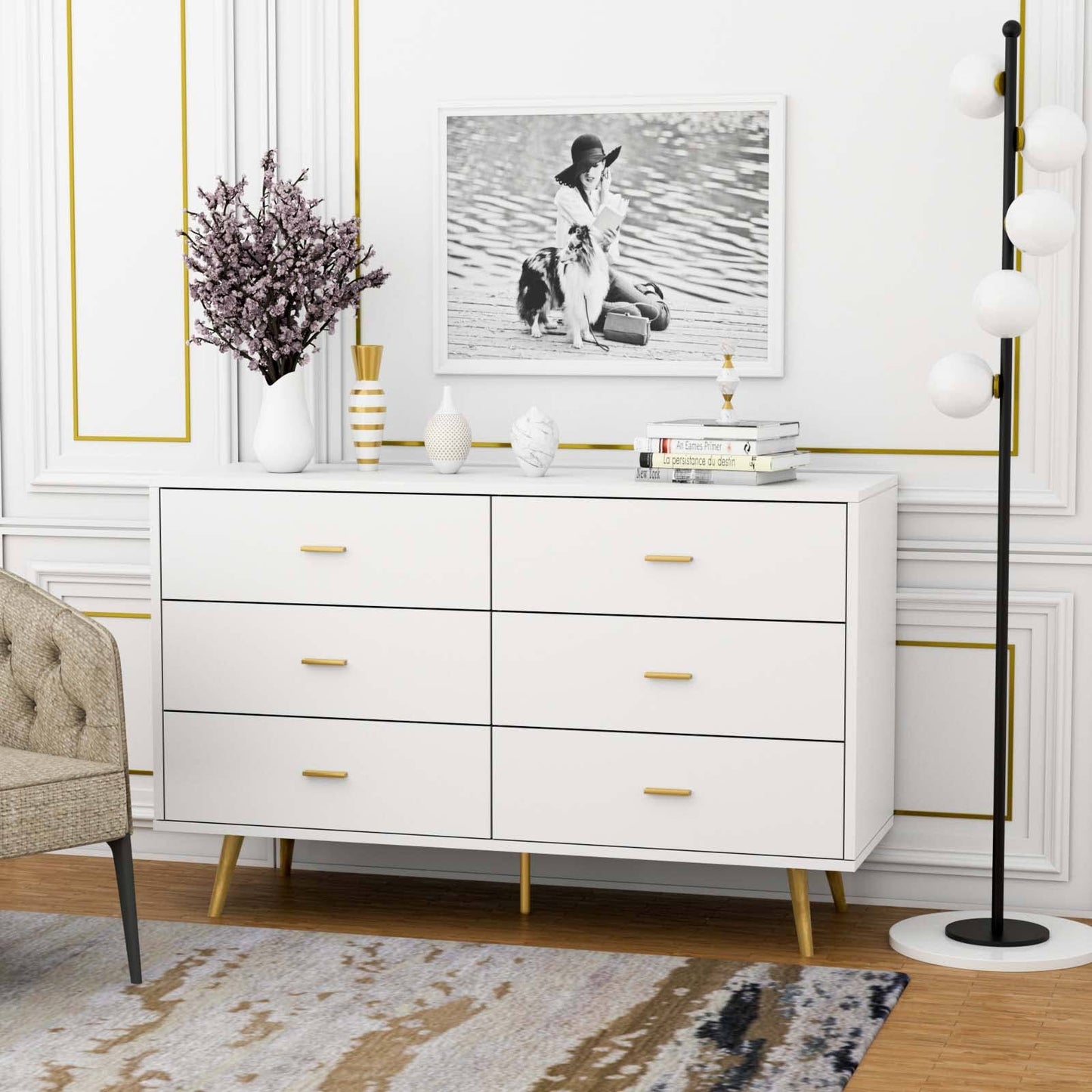 White Dresser, 6 Drawer Dresser For Bedroom With Wide Drawers And Metal Handles, Modern Wood Storage Chest Of Drawers For Living Room Hallway