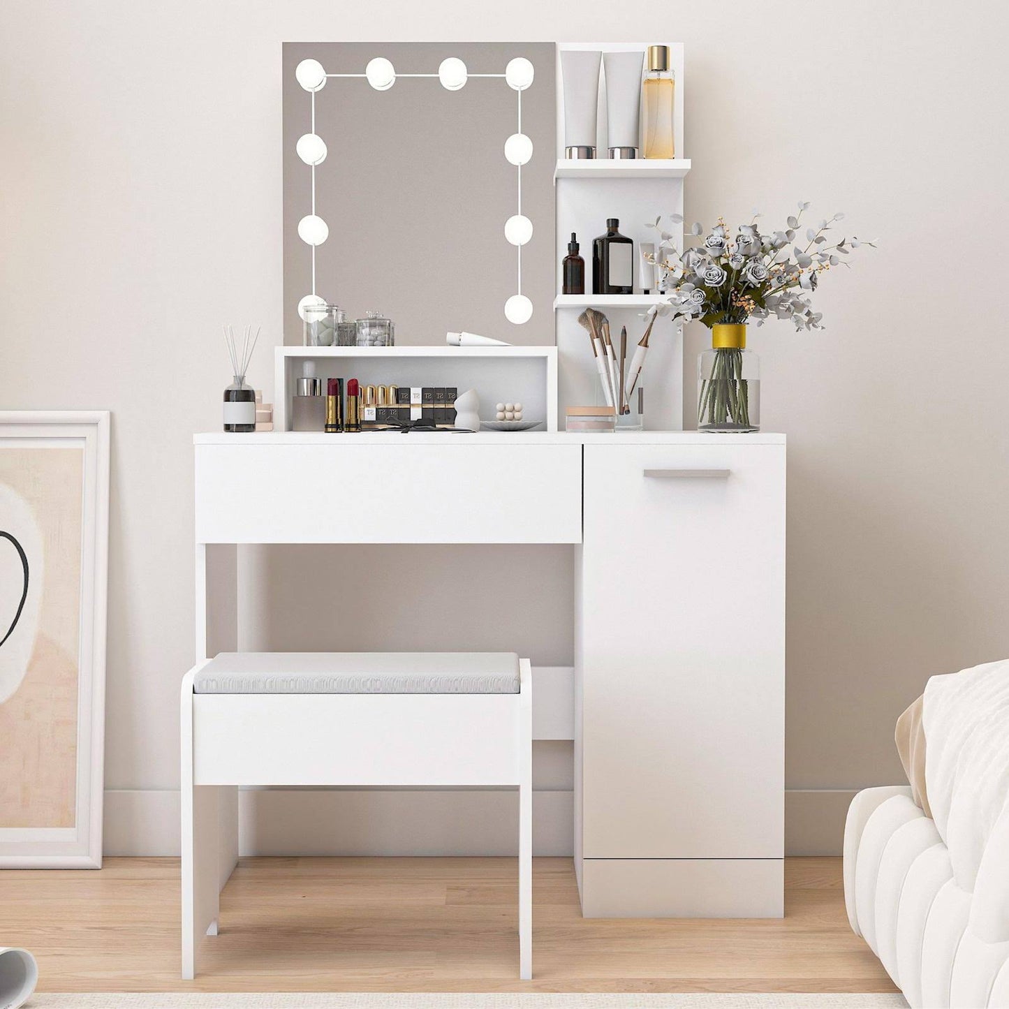 Vanity Set With Lighted Mirror Modern 1 Drawer Makeup Dressing Desk With Cushion Stool And Storage Cabinet Vanity Table Desk With Storage