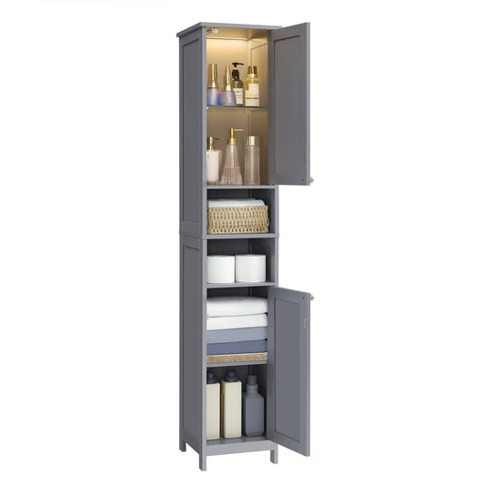 Tall Bathroom Cabinet With Lights, Slim Bathroom Storage Cabinet, Freestanding Narrow Cabinet With Adjustable Shelves, Open Compartments,