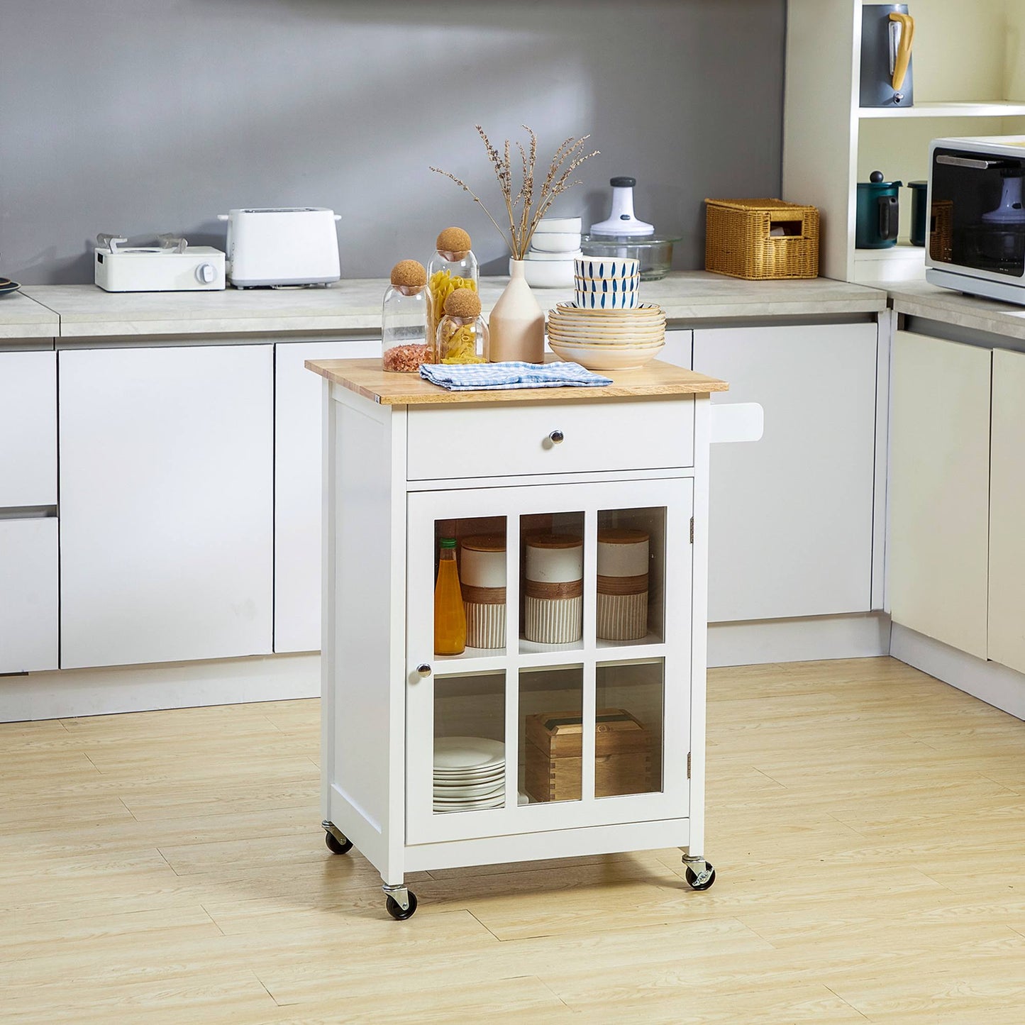 27 Rolling Kitchen Island Cart With Drawer And Glass Door