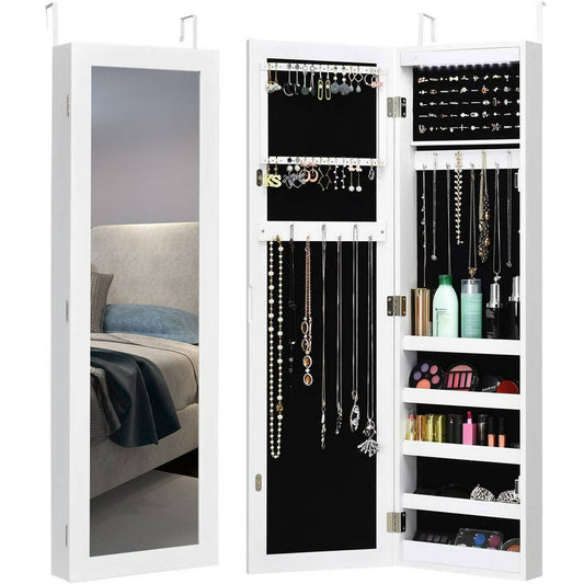 Wall And Door Mirrored Jewelry Cabinet With Led Light