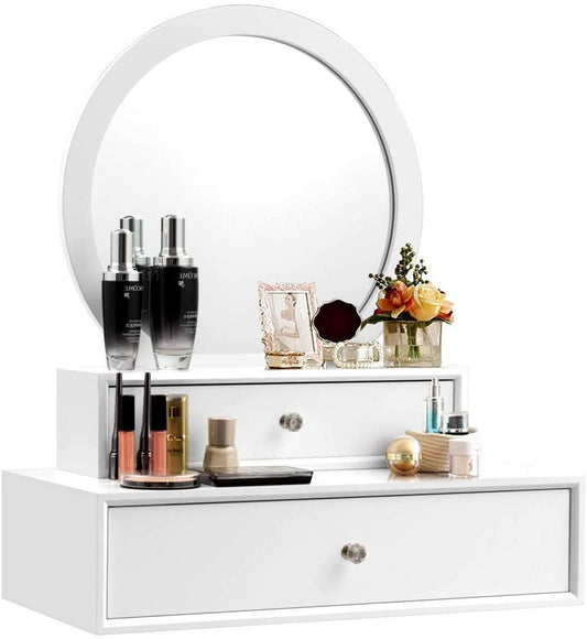 Vanity Mirror, Space-Saving Wall Mounted & Table Placed Makeup Vanity Mirror, Floating Vanity Shelves With 2 Removable Drawers For Hallway,